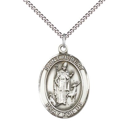 Women's .925 Sterling Silver Patron Saint St. Hubert of Liege Medal Pendant with 18 Inch Rhodium Plated Lite Curb Brass Chain Catholic Religious Necklace - Made in USA, Deluxe Velvet Gift Box