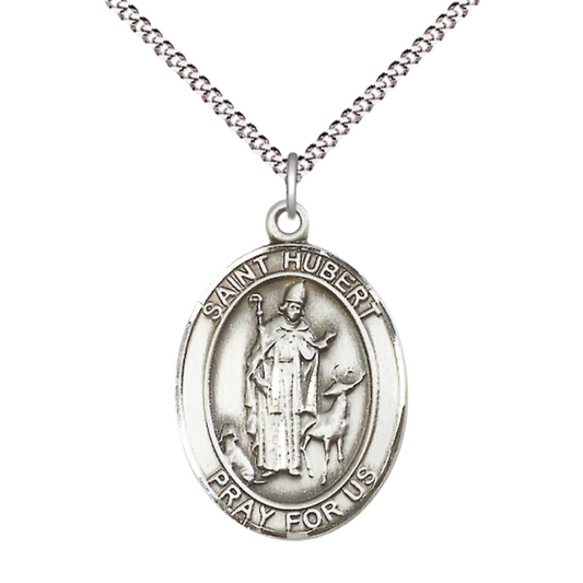 Women's .925 Sterling Silver Patron Saint St. Hubert of Liege Medal Pendant with 18 Inch Rhodium Plated Lite Curb Brass Chain Catholic Religious Necklace - Made in USA, Deluxe Velvet Gift Box