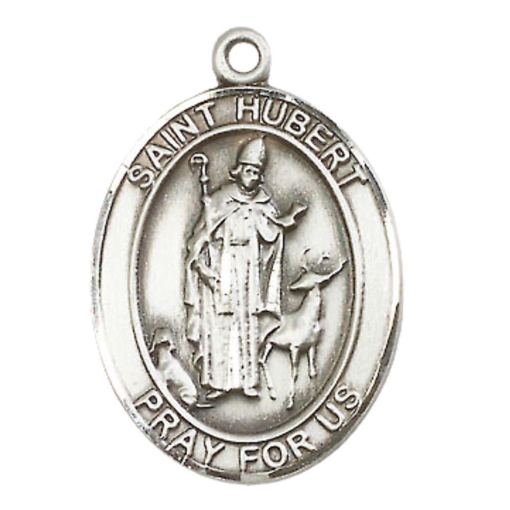 Everlasting Light Jewelry Women's Pewter Saint St. Hubert of Liège Medal Pendant Necklace with 18 Inch Rhodium Plated Lite Curb Brass Chain– Patron Saint St. of Archers, Hunters & Dogs Catholic Medal – Velvet Gift Box Included