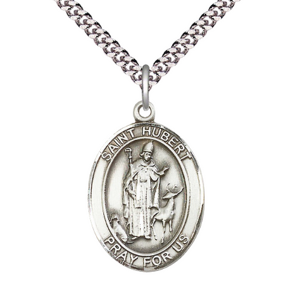 Mens Oval Pewter Saint St. Hubert of Liege Medal Pendant on 24 Inch Rhodium Plated Heavy Curb Brass Chain with Lobster Claw clasp, Catholic Religious Necklace - Made in USA- Deluxe Velvet Gift Box