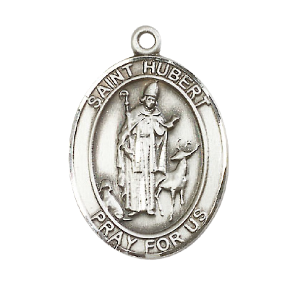 Mens .925 Sterling Silver Saint St. Hubert of Liege Medal Pendant on 24 Inch Rhodium Plated Heavy Curb Brass Chain with Lobster Claw clasp, Catholic Religious Necklace - Made in USA- Velvet Gift Box