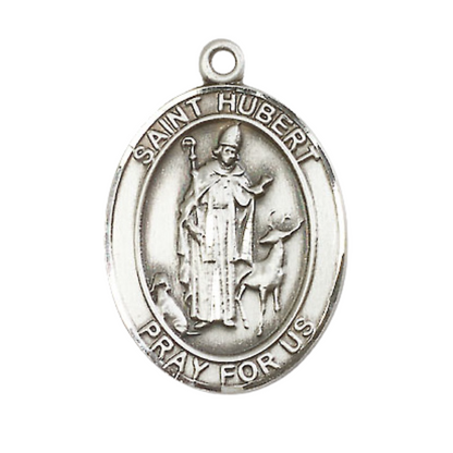 Mens .925 Sterling Silver Saint St. Hubert of Liege Medal Pendant on 24 Inch Rhodium Plated Heavy Curb Brass Chain with Lobster Claw clasp, Catholic Religious Necklace - Made in USA- Velvet Gift Box