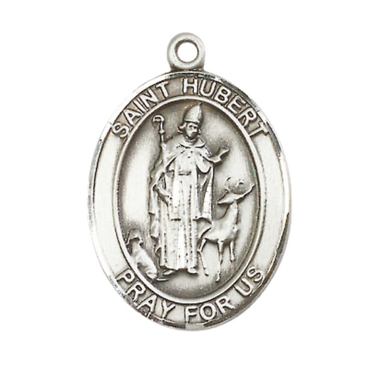 Mens .925 Sterling Silver Saint St. Hubert of Liege Medal Pendant on 24 Inch Rhodium Plated Heavy Curb Brass Chain with Lobster Claw clasp, Catholic Religious Necklace - Made in USA- Velvet Gift Box