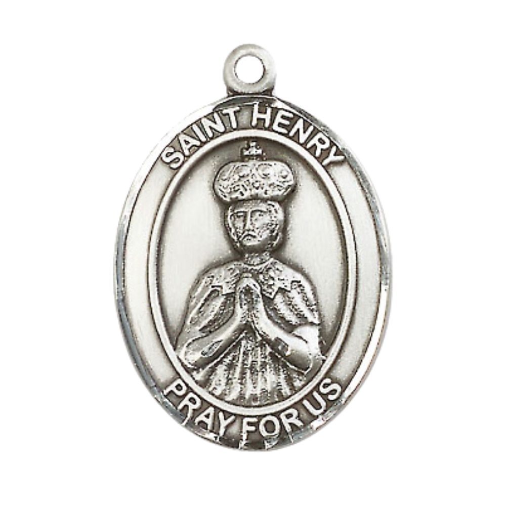 Women's .925 Sterling Silver Saint St. Henry II Medal Pendant on 18 Inch Rhodium Plated Lite Curb Brass Chain with Lobster Claw Clasp, Oval Patron Series, Catholic Medal– Made in USA – Deluxe Velvet Gift Box
