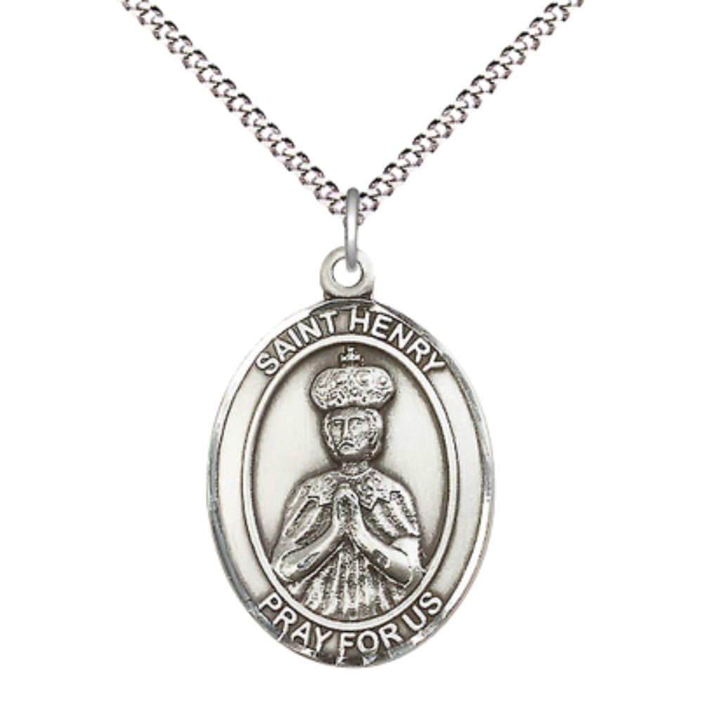 Women's .925 Sterling Silver Saint St. Henry II Medal Pendant on 18 Inch Rhodium Plated Lite Curb Brass Chain with Lobster Claw Clasp, Oval Patron Series, Catholic Medal– Made in USA – Deluxe Velvet Gift Box