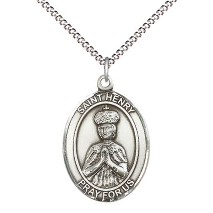 Women's .925 Sterling Silver Saint St. Henry II Medal Pendant on 18 Inch Rhodium Plated Lite Curb Brass Chain with Lobster Claw Clasp, Oval Patron Series, Catholic Medal– Made in USA – Deluxe Velvet Gift Box