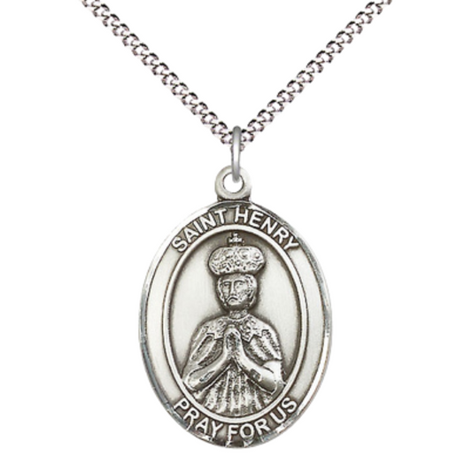 Women's .925 Sterling Silver Saint St. Henry II Medal Pendant on 18 Inch Rhodium Plated Lite Curb Brass Chain with Lobster Claw Clasp, Oval Patron Series, Catholic Medal– Made in USA – Deluxe Velvet Gift Box