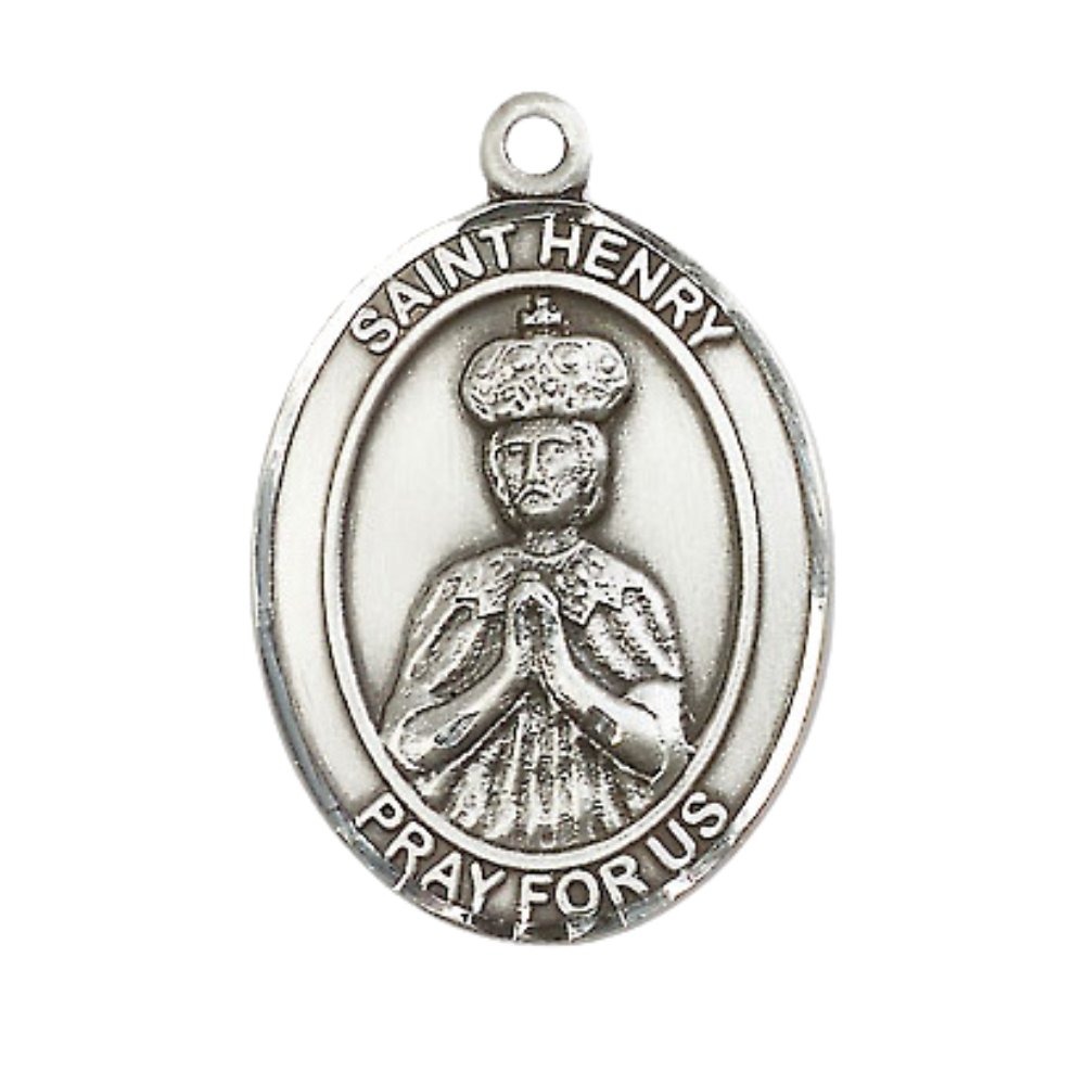 Mens Oval .925 Sterling Silver Saint Henry II Medal Pendant on 24" Rhodium Plated Heavy Curb Brass Chain with Lobster Claw clasp, Catholic Religious Necklace -Made in USA- Velvet Gift Box