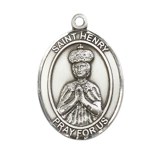Mens Oval .925 Sterling Silver Saint Henry II Medal Pendant on 24" Rhodium Plated Heavy Curb Brass Chain with Lobster Claw clasp, Catholic Religious Necklace -Made in USA- Velvet Gift Box