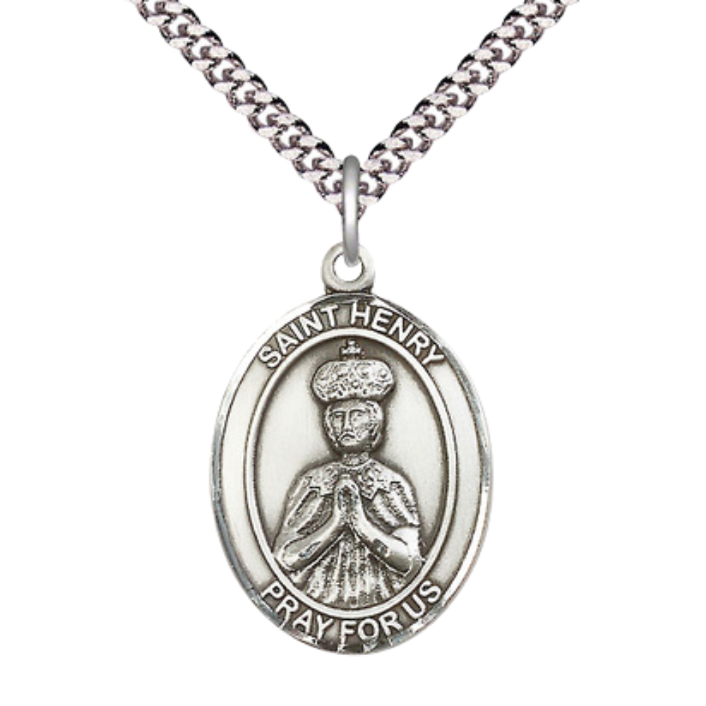 Mens 1 x 3/4" Oval Pewter Saint St. Henry II Medal Pendant on 24 Inch Rhodium Plated Heavy Curb Brass Chain with Lobster Claw clasp, Catholic Religious Necklace - Made in USA- Deluxe Velvet Gift Box