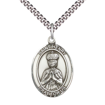 Mens 1 x 3/4" Oval Pewter Saint St. Henry II Medal Pendant on 24 Inch Rhodium Plated Heavy Curb Brass Chain with Lobster Claw clasp, Catholic Religious Necklace - Made in USA- Deluxe Velvet Gift Box