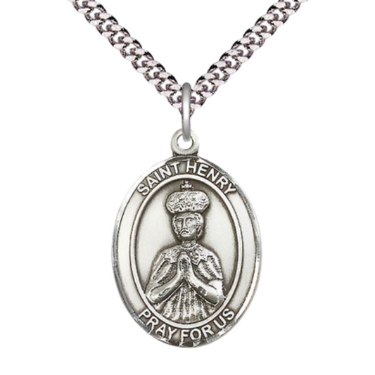 Mens 1 x 3/4" Oval Pewter Saint St. Henry II Medal Pendant on 24 Inch Rhodium Plated Heavy Curb Brass Chain with Lobster Claw clasp, Catholic Religious Necklace - Made in USA- Deluxe Velvet Gift Box