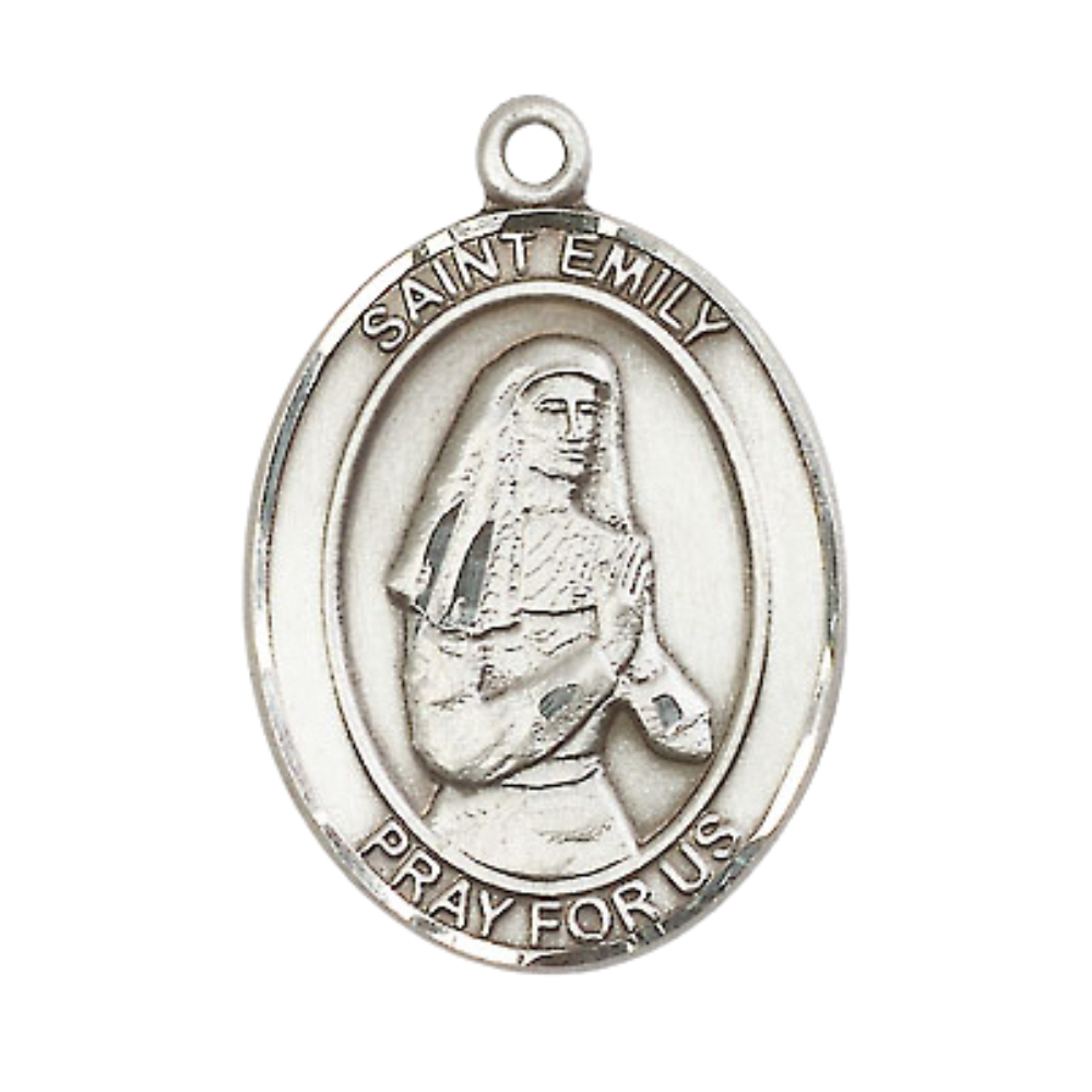 Women's .925 Sterling Silver Saint St. Emily de Vialar Medal Pendant on 18 Inch Rhodium Plated Lite Curb Brass Chain with Lobster Claw Clasp, Oval Patron Series, Catholic Medal– Made in USA – Deluxe Velvet Gift Box
