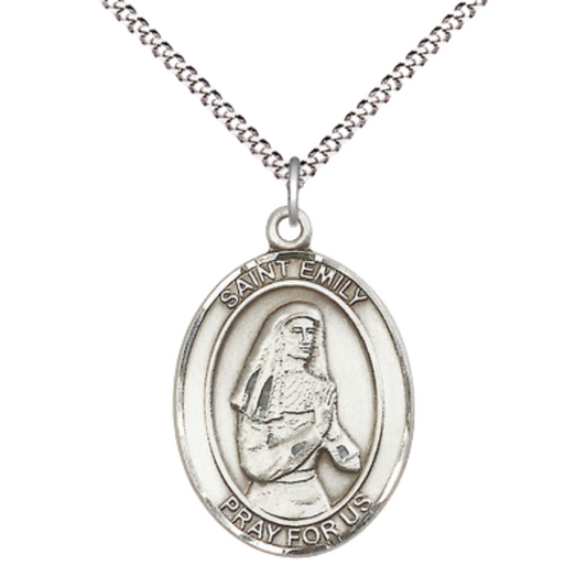 Women's .925 Sterling Silver Saint St. Emily de Vialar Medal Pendant on 18 Inch Rhodium Plated Lite Curb Brass Chain with Lobster Claw Clasp, Oval Patron Series, Catholic Medal– Made in USA – Deluxe Velvet Gift Box