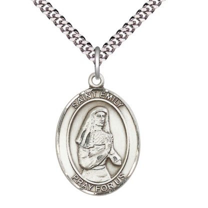 Mens Oval Pewter Saint St. Emily de Vialar Medal Pendant on 24 Inch Rhodium Plated Heavy Curb Brass Chain with Lobster Claw clasp, Catholic Religious Necklace - Made in USA- Deluxe Velvet Gift Box