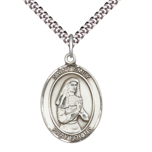 Saint St. Emily de Vialar Men's Medal Necklace – 24 Inch Endless Light Rhodium Plated Heavy Curb Chain – Patron Saint St. of Single Laywomen – Elegant Catholic Religious Jewelry in Velvet Gift Box