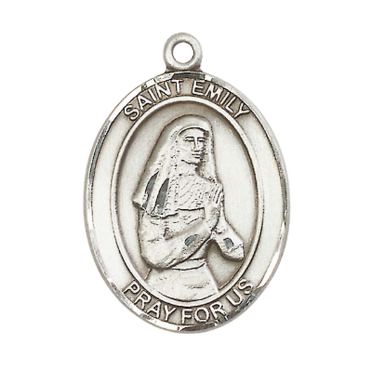 Mens .925 Sterling Silver Saint St. Emily de Vialar Medal Pendant on 24 Inch Rhodium Plated Heavy Curb Brass Chain with Lobster Claw clasp, Catholic Religious Necklace - Made in USA- Velvet Gift Box