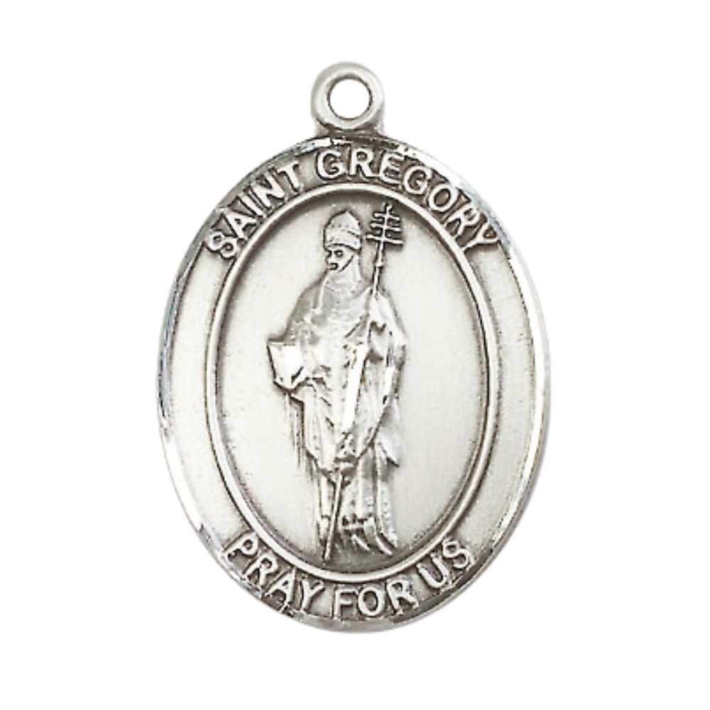 Women's .925 Sterling Silver Saint St. Gregory the Great Medal Pendant on 18 Inch Rhodium Plated Lite Curb Brass Chain with Lobster Claw Clasp, Oval Patron Series, Catholic Medal– Made in USA – Deluxe Velvet Gift Box