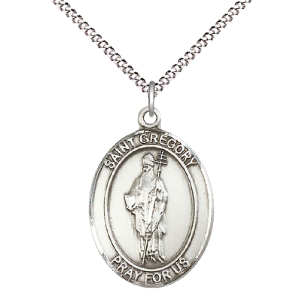 Women's .925 Sterling Silver Saint St. Gregory the Great Medal Pendant on 18 Inch Rhodium Plated Lite Curb Brass Chain with Lobster Claw Clasp, Oval Patron Series, Catholic Medal– Made in USA – Deluxe Velvet Gift Box