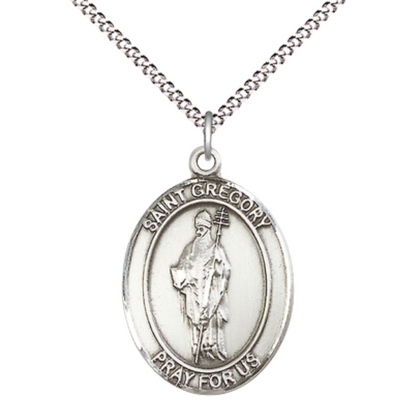 Women's .925 Sterling Silver Saint St. Gregory the Great Medal Pendant on 18 Inch Rhodium Plated Lite Curb Brass Chain with Lobster Claw Clasp, Oval Patron Series, Catholic Medal– Made in USA – Deluxe Velvet Gift Box