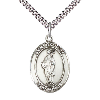 Saint Gregory the Great Men's Sterling Silver Medal Necklace– Patron Saint of Musicians & Singers – 24” Light Rhodium Plated Heavy Curb Chain – Velvet Gift Box