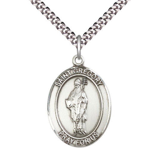 Saint Gregory the Great Men's Sterling Silver Medal Necklace– Patron Saint of Musicians & Singers – 24” Light Rhodium Plated Heavy Curb Chain – Velvet Gift Box