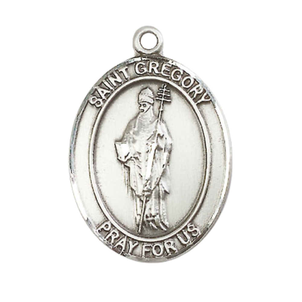 Saint Gregory the Great Men's Sterling Silver Medal Necklace– Patron Saint of Musicians & Singers – 24” Light Rhodium Plated Heavy Curb Chain – Velvet Gift Box