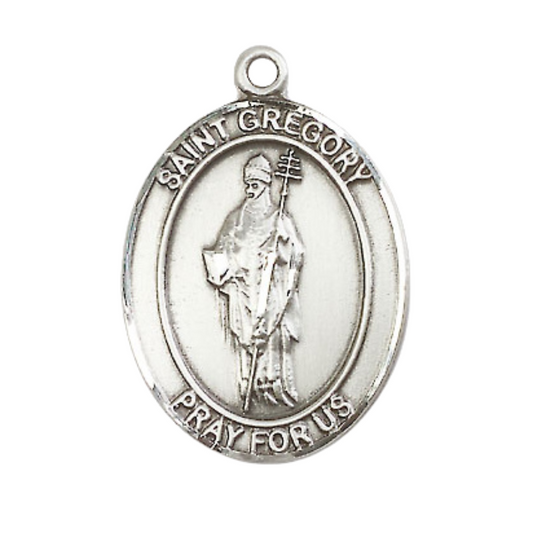 Mens .925 Sterling Silver Saint St. Gregory the Great Medal Pendant on 24 Inch Rhodium Plated Heavy Curb Brass Chain with Lobster Claw clasp, Catholic Religious Necklace - Made in USA- Velvet Gift Box