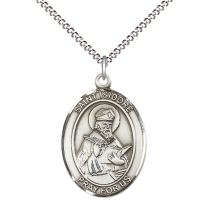 Women's .925 Sterling Silver Saint St. Isidore of Seville Medal Pendant on 18 Inch Rhodium Plated Lite Curb Brass Chain with Lobster Claw Clasp, Oval Patron Series, Catholic Medal– Made in USA – Deluxe Velvet Gift Box