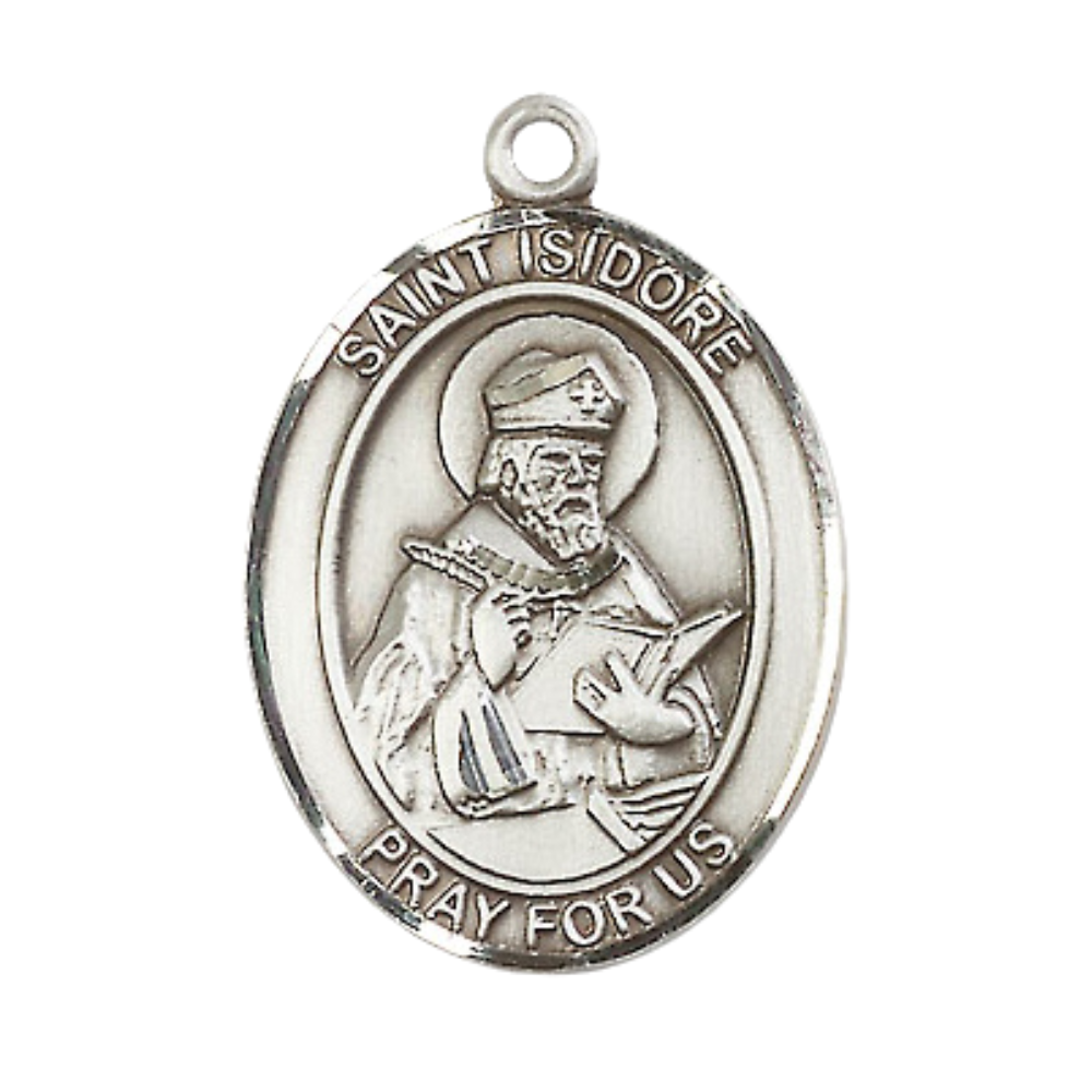 Women's .925 Sterling Silver Saint St. Isidore of Seville Medal Pendant on 18 Inch Rhodium Plated Lite Curb Brass Chain with Lobster Claw Clasp, Oval Patron Series, Catholic Medal– Made in USA – Deluxe Velvet Gift Box
