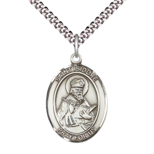 Saint St. Isidore of Seville Men's Pewter Medal Necklace– Patron Saint St. of Computers & the Internet – 24 Inch Light Rhodium Plated Heavy Curb Chain, Catholic Medal – Velvet Gift Box