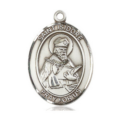 Saint Isidore of Seville Men's Sterling Silver Medal Necklace– Patron Saint of Computers & the Internet – 24” Light Rhodium Plated Heavy Curb Chain – Velvet Gift Box