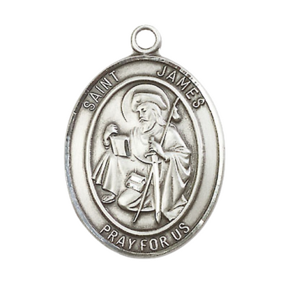 Women's .925 Sterling Silver Saint St. James the Greater Medal Pendant on 18 Inch Rhodium Plated Lite Curb Brass Chain with Lobster Claw Clasp, Oval Patron Series, Catholic Medal– Made in USA – Deluxe Velvet Gift Box