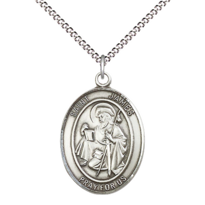 Women's .925 Sterling Silver Saint St. James the Greater Medal Pendant on 18 Inch Rhodium Plated Lite Curb Brass Chain with Lobster Claw Clasp, Oval Patron Series, Catholic Medal– Made in USA – Deluxe Velvet Gift Box