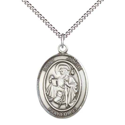 Women's Pewter Saint St. James the Greater Medal Pendant Necklace with 18 Inch Rhodium Plated Lite Curb Brass Chain– Patron Saint St. of Arthritis & Veterinarians, Catholic Medal – Velvet Gift Box Included