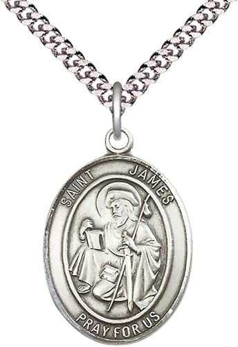 Saint St. James the Greater Men's Pewter Medal Necklace – Patron Saint St. Against Arthritis & Spain – 24 Inch Light Rhodium Plated Heavy Curb Chain, Catholic Medal – Velvet Gift Box