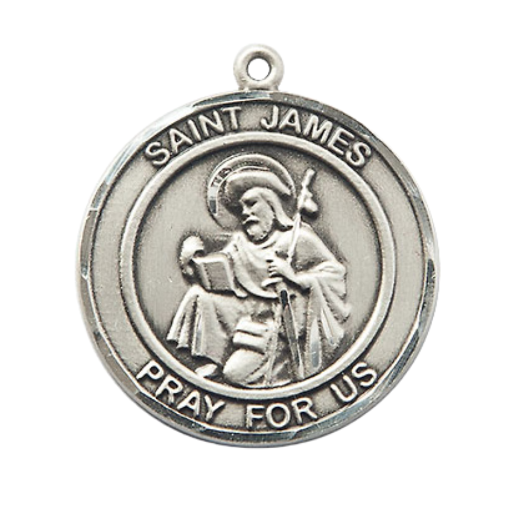 Women's Pewter Saint St. James the Greater Medal Pendant on 18 Inch Rhodium Plated Lite Curb Brass Chain with Lobster Claw Clasp, Round Patron Series, Catholic Medal– Made in USA – Deluxe Velvet Gift Box