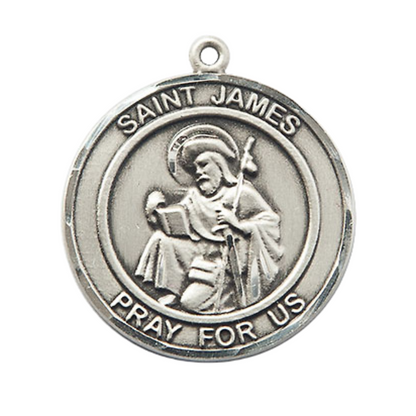 Women's .925 Sterling Silver Saint St. James the Greater Medal Pendant on 18 Inch Rhodium Plated Lite Curb Brass Chain with Lobster Claw Clas, Round Patron Series, Catholic Medal– Made in USA – Deluxe Velvet Gift Box