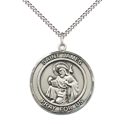 Women's Pewter Saint St. James the Greater Medal Pendant on 18 Inch Rhodium Plated Lite Curb Brass Chain with Lobster Claw Clasp, Round Patron Series, Catholic Medal– Made in USA – Deluxe Velvet Gift Box