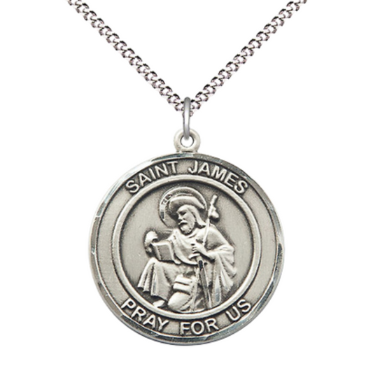 Women's Pewter Saint St. James the Greater Medal Pendant on 18 Inch Rhodium Plated Lite Curb Brass Chain with Lobster Claw Clasp, Round Patron Series, Catholic Medal– Made in USA – Deluxe Velvet Gift Box
