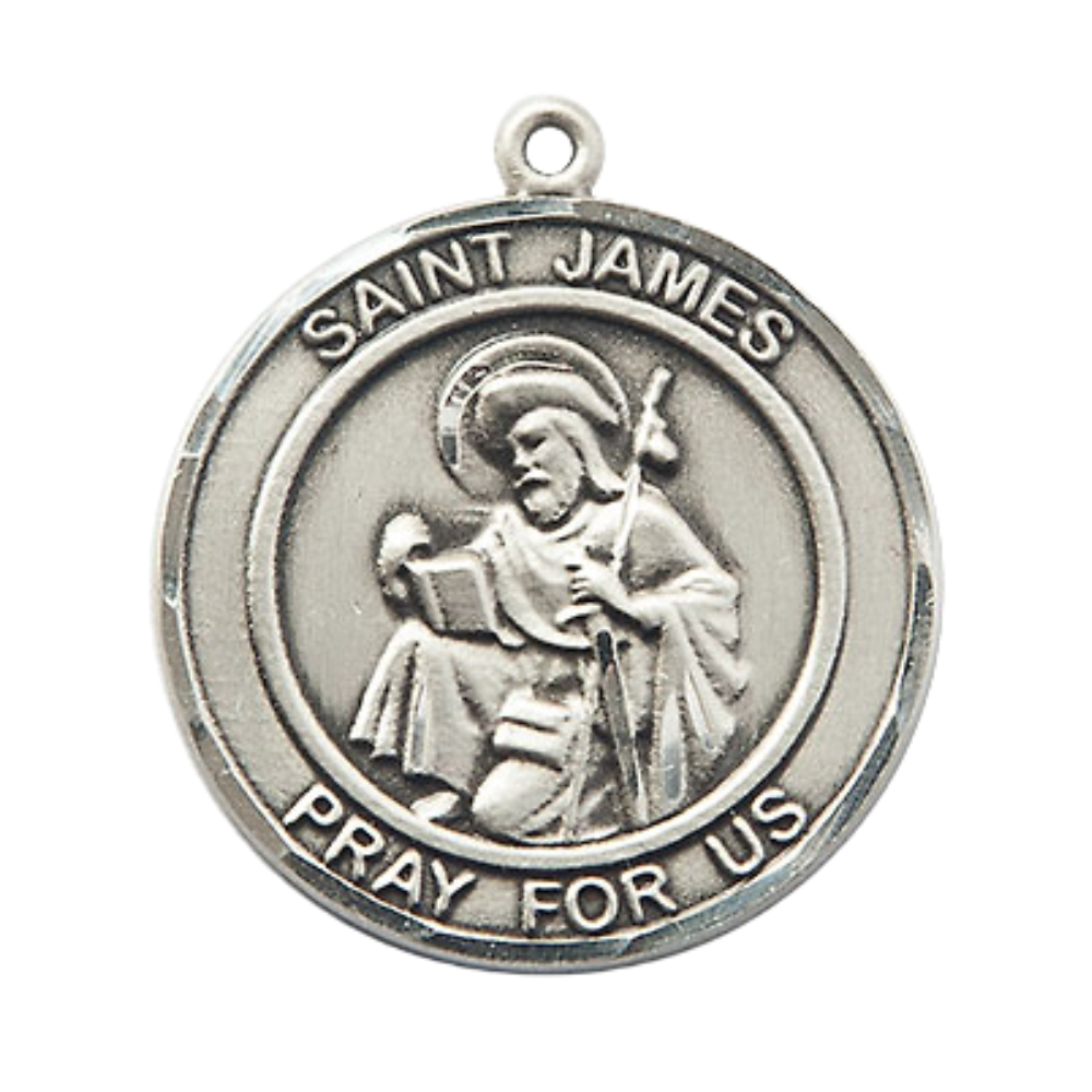 Mens Round Pewter Saint James the Greater Medal Pendant on 24" Rhodium Plated Heavy Curb Brass Chain with Lobster Claw clasp, Catholic Religious Necklace -Made in USA- Deluxe Velvet Gift Box