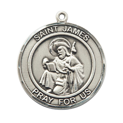 Mens Round Pewter Saint James the Greater Medal Pendant on 24" Rhodium Plated Heavy Curb Brass Chain with Lobster Claw clasp, Catholic Religious Necklace -Made in USA- Deluxe Velvet Gift Box