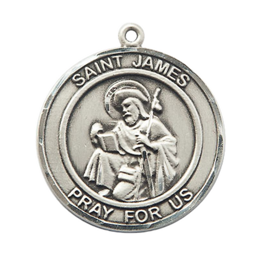 Mens .925 Sterling Silver Saint St. James the Greater Medal Pendant on 24 inch Rhodium Plated Heavy Curb Brass Chain with Lobster Claw clasp, Catholic Religious Necklace - Made in USA- Velvet Gift Box