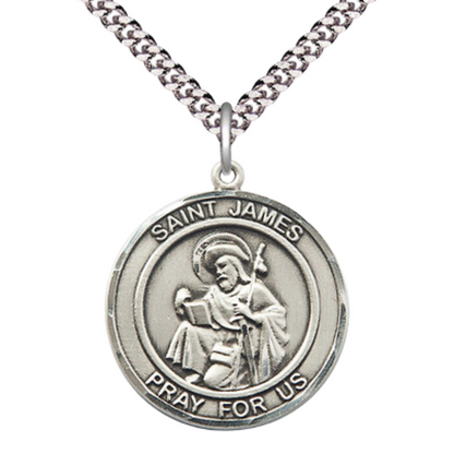 Mens Round Pewter Saint James the Greater Medal Pendant on 24" Rhodium Plated Heavy Curb Brass Chain with Lobster Claw clasp, Catholic Religious Necklace -Made in USA- Deluxe Velvet Gift Box