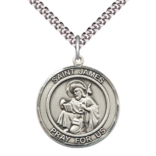 Mens Round Pewter Saint James the Greater Medal Pendant on 24" Rhodium Plated Heavy Curb Brass Chain with Lobster Claw clasp, Catholic Religious Necklace -Made in USA- Deluxe Velvet Gift Box