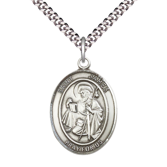 Mens .925 Sterling Silver Saint St. James the Greater Medal Pendant on 24 Inch Rhodium Plated Heavy Curb Brass Chain with Lobster Claw clasp, Catholic Religious Necklace - Made in USA- Velvet Gift Box