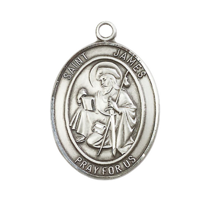Mens .925 Sterling Silver Saint St. James the Greater Medal Pendant on 24 Inch Rhodium Plated Heavy Curb Brass Chain with Lobster Claw clasp, Catholic Religious Necklace - Made in USA- Velvet Gift Box