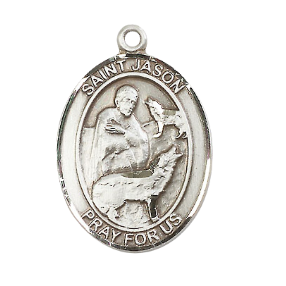 Everlasting Light Jewelry Women's Pewter Saint St. Jason Medal Pendant on 18 Inch Rhodium Plated Lite Curb Brass Chain with Lobster Claw Clasp, Available in 3 Sizes – Made in USA, Catholic Medal – Deluxe Velvet Gift Box
