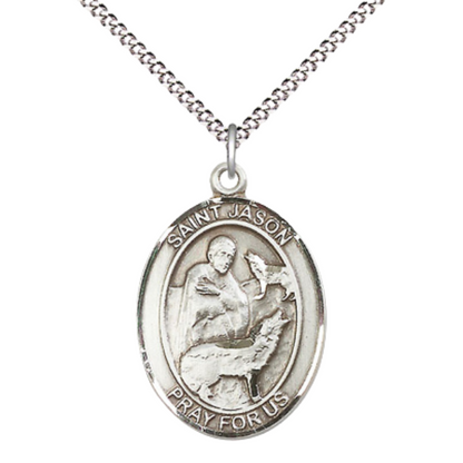 Everlasting Light Jewelry Women's Pewter Saint St. Jason Medal Pendant on 18 Inch Rhodium Plated Lite Curb Brass Chain with Lobster Claw Clasp, Available in 3 Sizes – Made in USA, Catholic Medal – Deluxe Velvet Gift Box