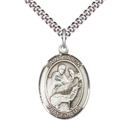 Saint St. Jason Medal Necklace – 24 Inch Endless Light Rhodium Plated Heavy Curb Chain – Patron Saint St. of Those Named Jason – Elegant Catholic Religious Jewelry in Velvet Gift Box